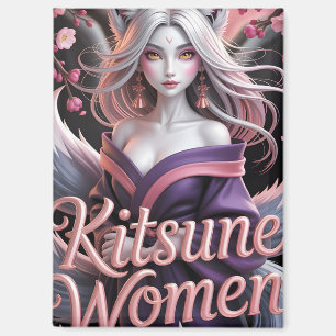 Elegant White Kitsune Woman with Sakura Blossoms Magnet