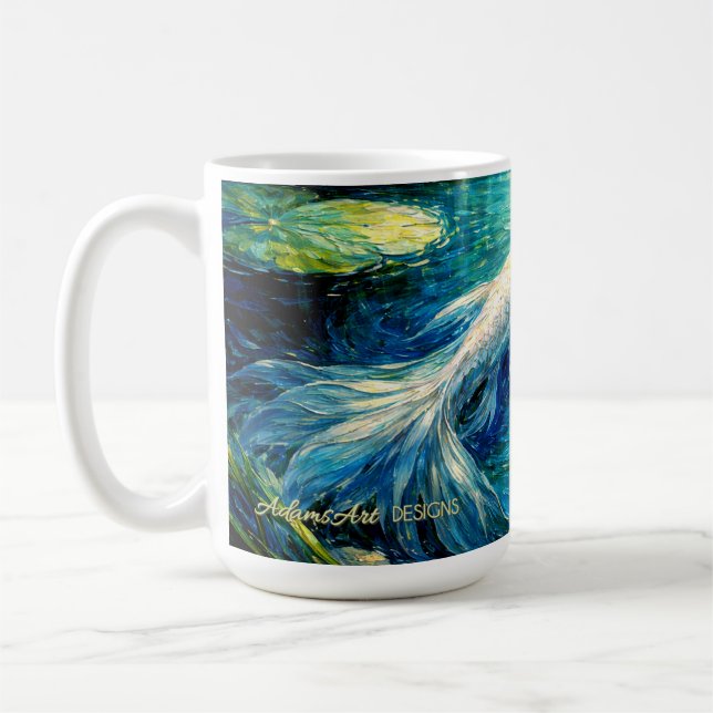 Elegant White Koi & Water Lily Impressionist Art Coffee Mug (Left)