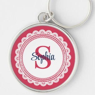 Elegant White Lace and Red and Navy Initial Key Ring