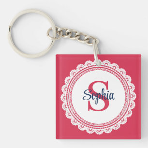 Elegant White Lace and Red and Navy Initial Key Ring