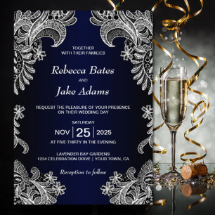 Elegant White Lace Blue Wedding Invitation