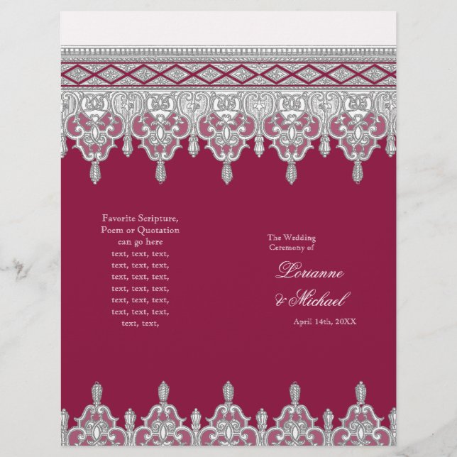 Elegant White Lace Burgundy Formal Wedding Program (Front)