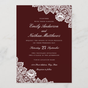 Elegant White Lace Burgundy Wedding Invitation