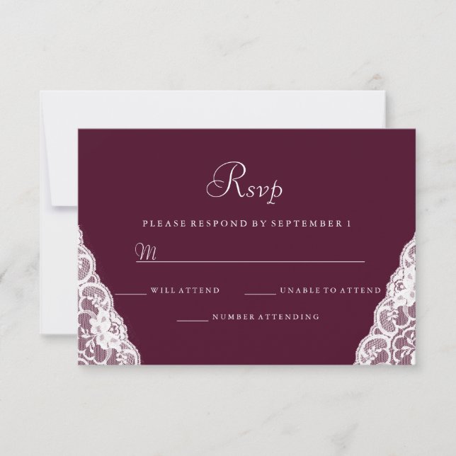 Elegant White Lace Burgundy Wedding RSVP Card (Front)