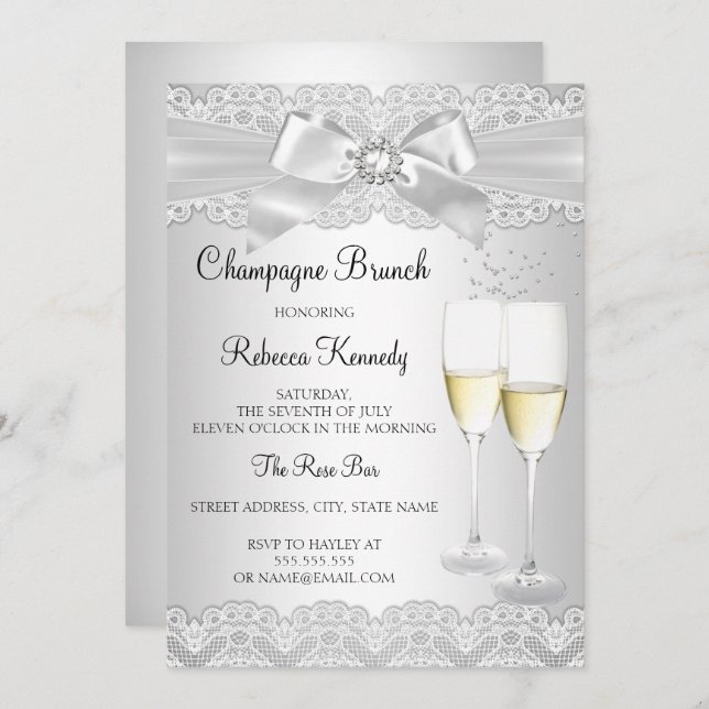 Elegant White Lace Champagne Brunch Invite (Front/Back)