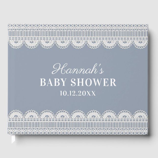 Elegant White Lace Dusty Blue Baby Shower Guest Book (Front)