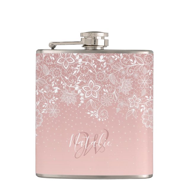 Elegant white lace floral and confetti design hip flask (Front)