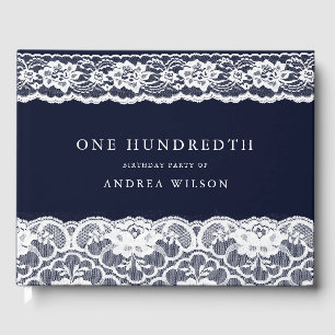 Elegant White Lace Navy Blue 100th Birthday Party Guest Book