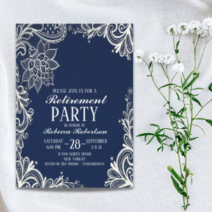 elegant white lace navy blue Retirement Party Invitation