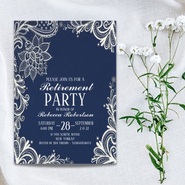 elegant white lace navy blue Retirement Party Invitation (elegant white lace navy blue Retirement Party Invitation)