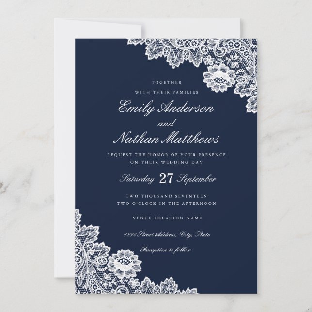 Elegant White Lace Navy Wedding Invitation (Front)