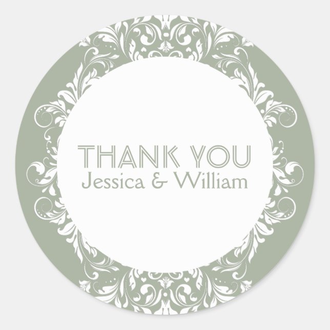 Elegant White Lace On Sage Green Classic Round Sticker (Front)