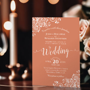 Elegant White Lace on Terracotta Coral Wedding Invitation