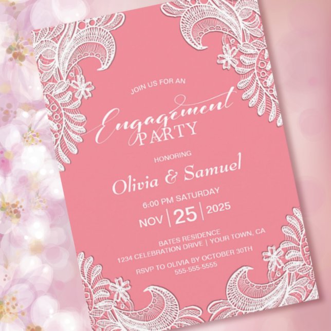 Elegant White Lace Pink Engagement Party Invitation (Creator Uploaded)