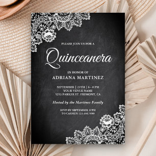 Elegant White Lace Rustic Chalkboard Quinceanera Invitation