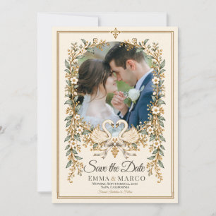 Elegant White Lace Swan Monogram Save the Date