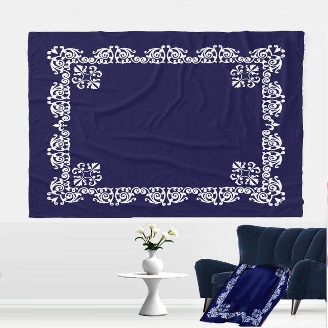 Elegant White Lace Vector on Navy Blue Fleece Blanket (Creator Uploaded)