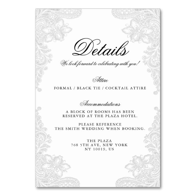 Elegant White Lace Wedding Detail Cards (Front)