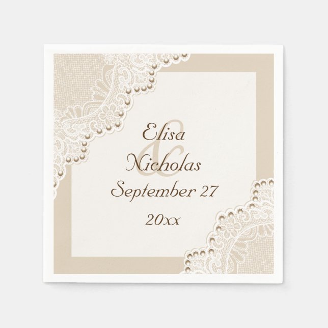 Elegant white lace with pearls beige wedding napkin (Front)