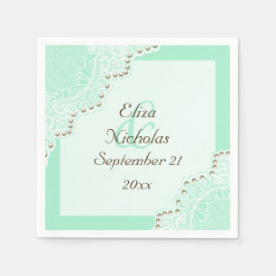 Elegant white lace with pearls mint green wedding napkin