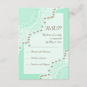 Elegant white lace with pearls mint wedding RSVP