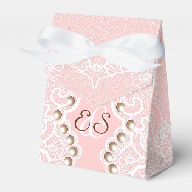 Elegant white lace with pearls pink wedding favour box (Front Side)