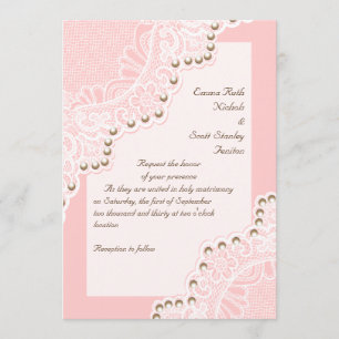 Elegant white lace with pearls pink wedding invitation