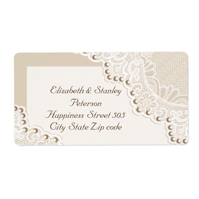 Elegant white lace with pearls wedding label (Front)
