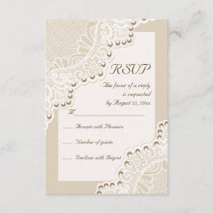 Elegant white lace with pearls wedding RSVP reply Card