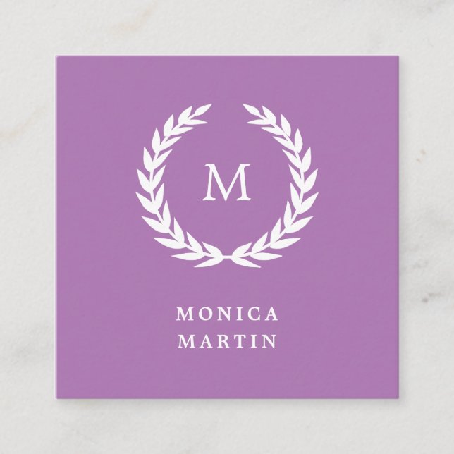 Elegant White Laurel Wreath on Lavender Square Business Card (Front)