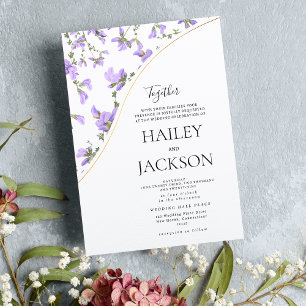 Elegant white lavender gold flowers wedding invitation