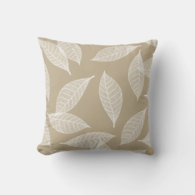 Elegant White Leaf Skeletons & Taupe Cushion (Front)