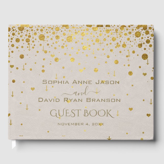 Elegant White Leather Gold Confetti Wedding  Guest Book (Front)