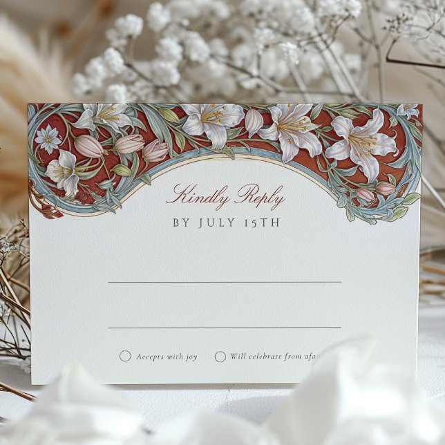 Elegant White Lilies Art Nouveau Wedding RSVP Card (Creator Uploaded)