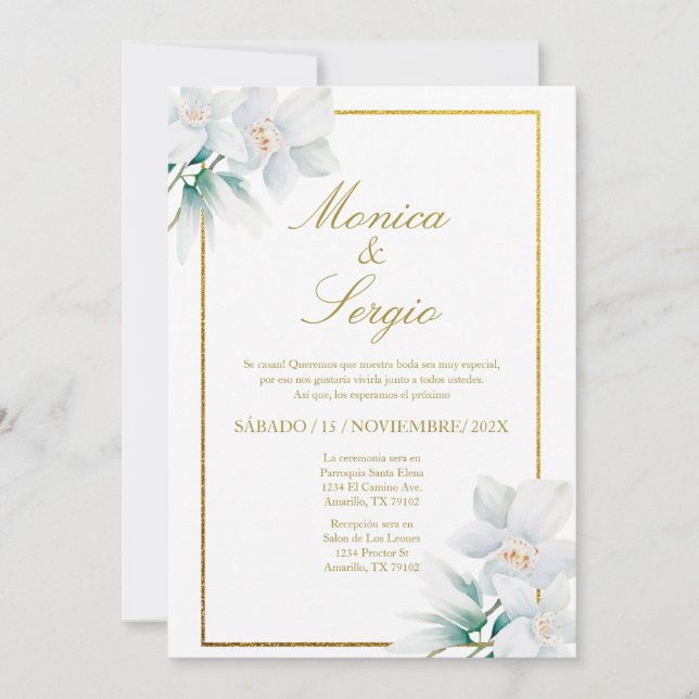 Elegant white liliy Wedding Invitation in Spanish (Front)