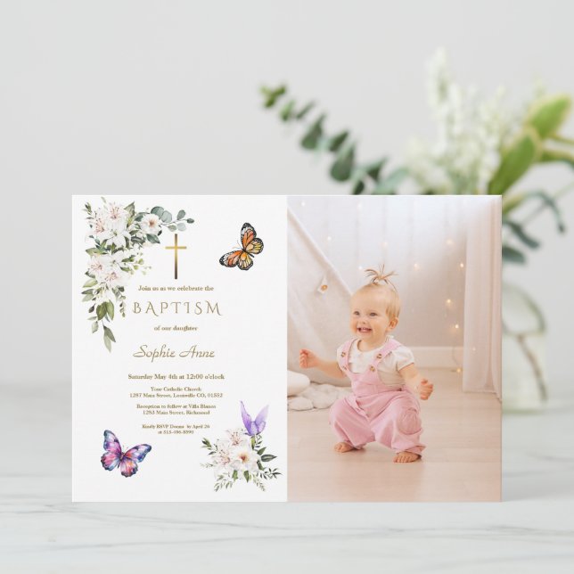 Elegant White Lily Butterfly Girl Photo Baptism Invitation (Standing Front)