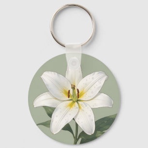 Elegant White Lily Dew Drops Botanical Key Ring