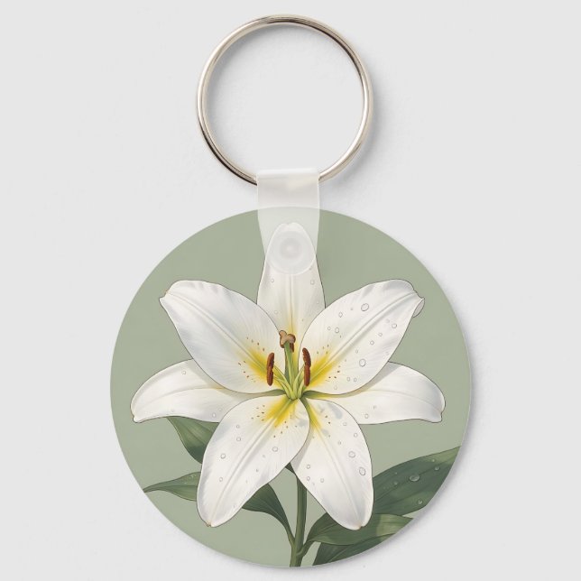 Elegant White Lily Dew Drops Botanical Key Ring (Front)