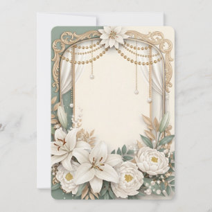 Elegant White Lily & Peony Floral Frame with Gold  Invitation
