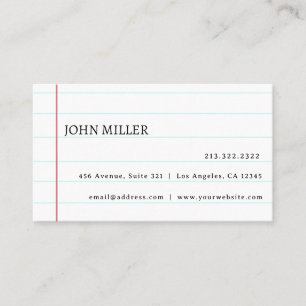 Elegant White Lined Notebook Paper Personalised Business Card