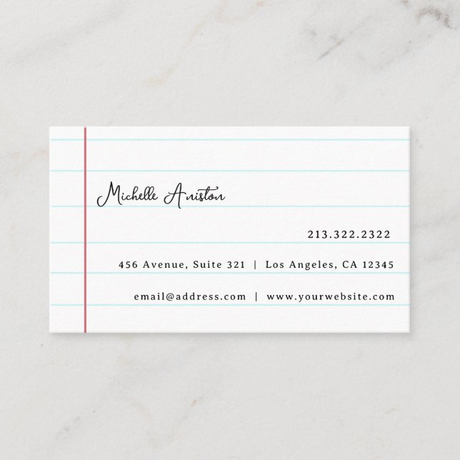 Elegant White Lined Notebook Paper Personalised Business Card (Front)