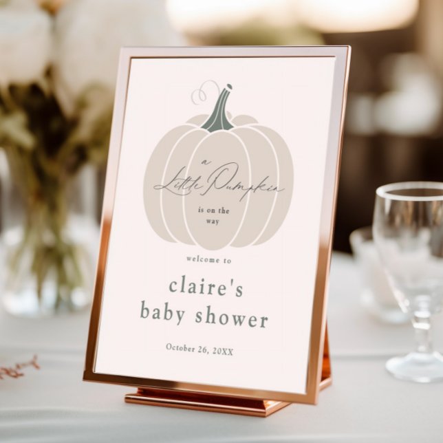 Elegant White Little Pumpkin Fall Baby Shower  Poster (Elegant white little pumpkin baby shower welcome sign.)