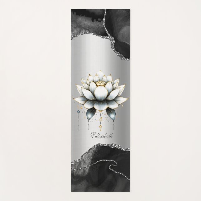 Elegant White Lotus Black Marble Glitter Yoga  Yoga Mat (Front)