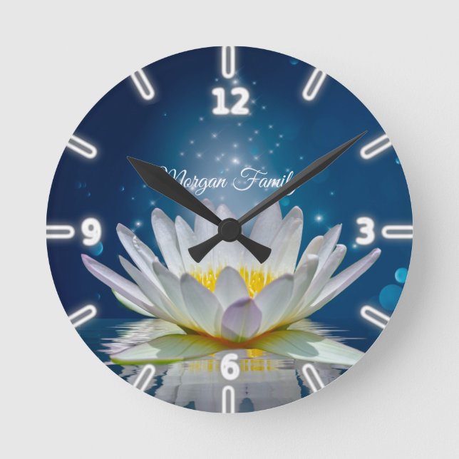 Elegant White Lotus Blue Round Clock (Front)