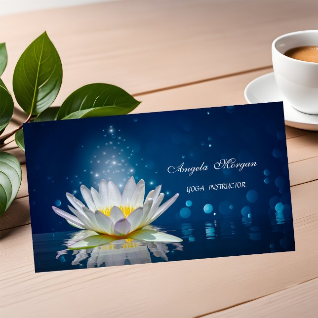 Elegant White Lotus Blue Yoga Instructor  Business Card (Creator Uploaded)