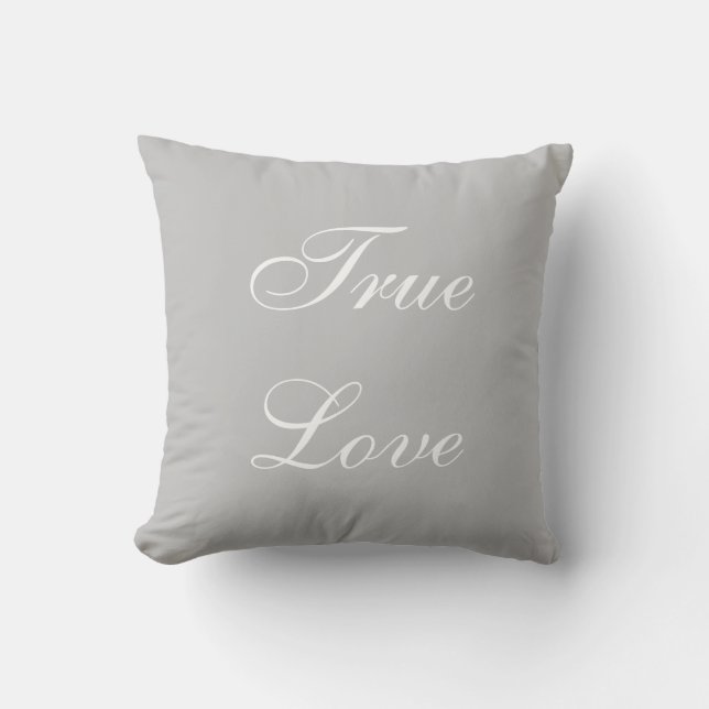 Elegant White Love Calligraphy on Silver Grey Cushion (Front)