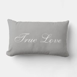 Elegant White Love Calligraphy on Silver Grey Lumbar Cushion