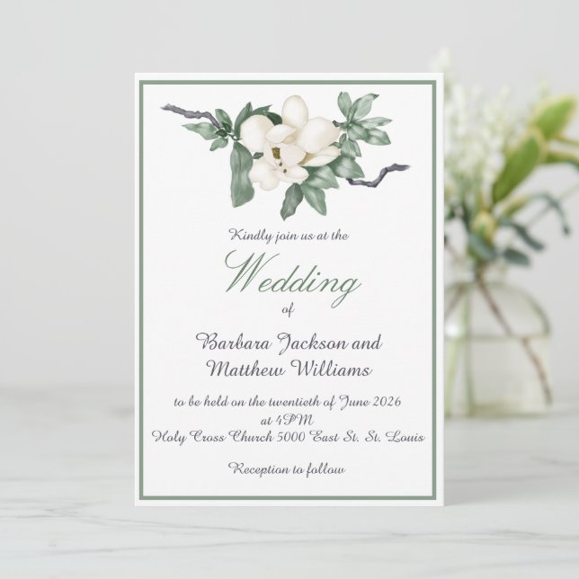 Elegant White Magnolia Blossom Wedding Invitation (Standing Front)