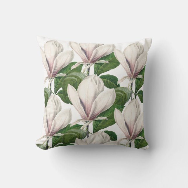 Elegant white magnolia floral throw pillow (Front)