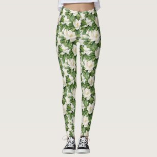 Elegant White Magnolia Flower Seamless Leggings